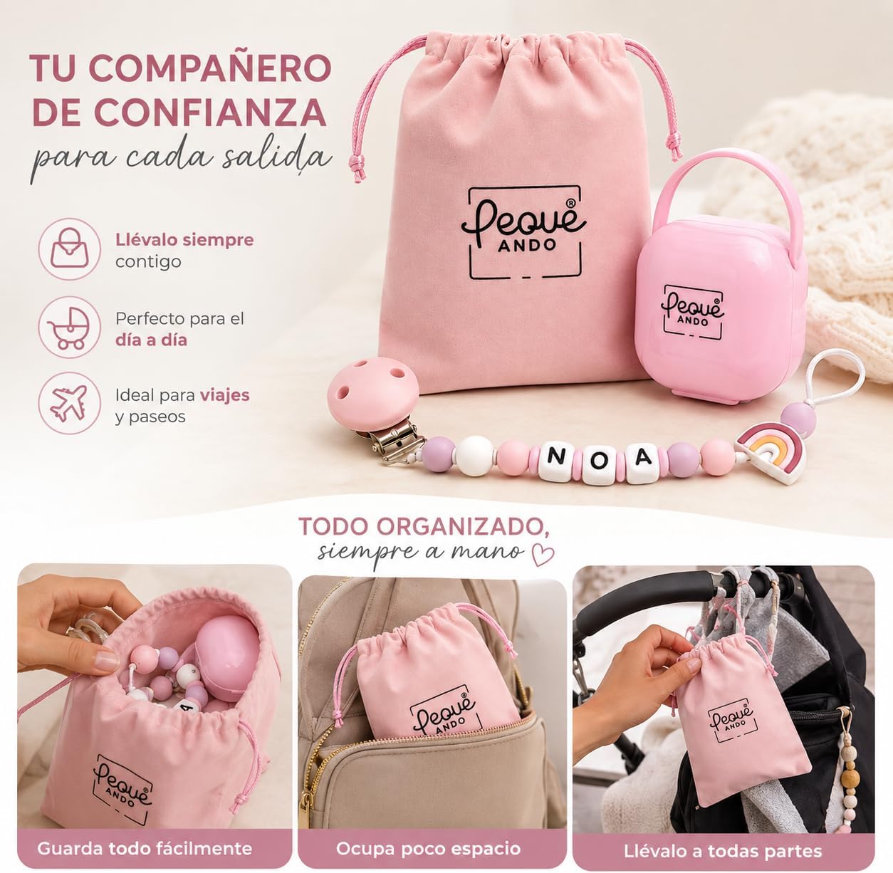 Pack 2 rosa: chupetero + portachupetes personalizado foto 2